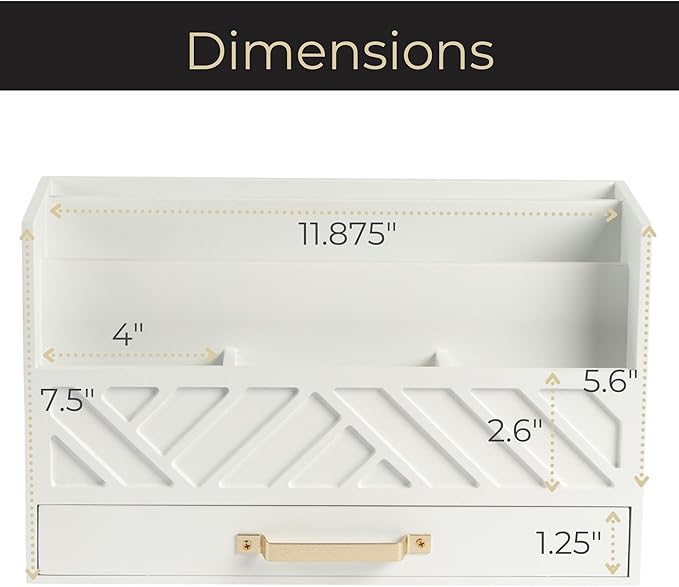 BLU MONACO | White Wooden Desk Organizer & Mail Organizer with Drawer & Gold Handle | Mail Sorter Countertop | 6 Compartments | White Desktop Organizer for Desk