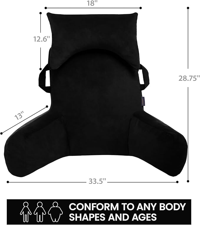 Portable Reading Pillows with Headrest for Bed Sitting Up(Black Oeko-Tex), Velvet Back Pillow with Arms & Pockets for Adults, Support Memory Foam Bed Pillow for Dorm/Reading/Watching/Gaming