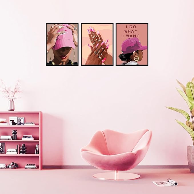 Unframed Black Girl Canvas Wall Art pink trend American Black Woman Posters Prints Wall Decor Pictures for Home Living Room Bedroom study Decoration,Unframed12 x 16inches X3piec