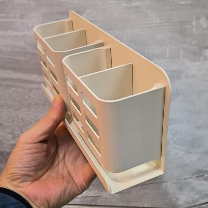 Aluminum Toothbrush Holder, Self-Adhesive Wall Mount Bathroom Organizer for Toothbrush, Razor, Comb & Toothpaste. (Cream White