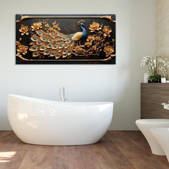 ZESTRILIA Pretty Peacock Wall Art for Living Room Office Gold Country Rustic Retro Asian Canvas Painting Prints Golden Vintage Elegant Peackock Artwork Dining Bedroom Decor Large (46x23 Inches)