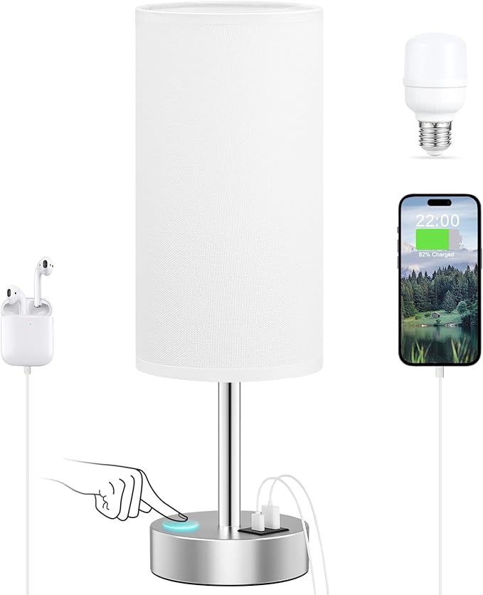 White Touch Bedside Lamp with USB - 3 Way Dimmable Table Lamp for Bedroom, Nightstand Lamp with Nickel Charging Station and Silver LampHolder for Dorm Kids Room, Small