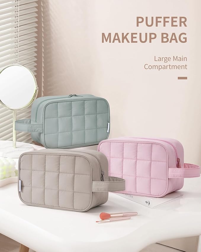 Narwey Puffy Travel Toiletry Bag for Traveling Women Girl, Travel Bag for Toiletries, Cute Travel Makeup Bag Organizer, Quilted Cosmetic Bag Make Up Skincare Medicine Bags