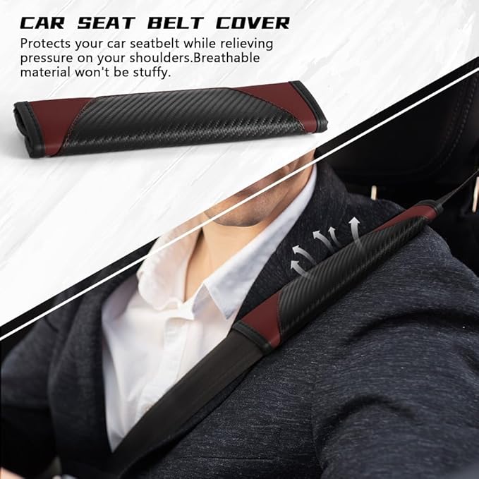 2PCS Car Seat Belt Cover Pad, Soft Carbon Fiber Leather Seatbelt Shoulder Protector for a More Comfortable Driving, Universal Safety Belt Strap Cover to Protect Your Neck (Wine Red)