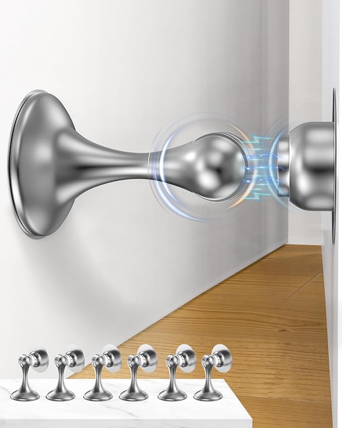 Magnetic Door Stoppers 6 Pack, Stainless Steel Door Stops for Wall and Floor Mounting, Door Holder Keep Door Open, No Drilling Door Stop with 3D Adhesive Tapes, Silver