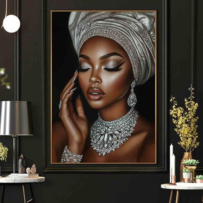 African American Wall Art Girl Black Woman Painting Fashion Poster Portrait Prints Painting Silver And Black Woman Portrait Wall Art Living Room Decor 16x24inch No Frame