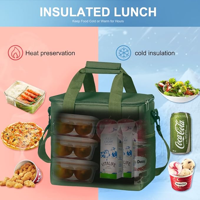 Iknoe Large Cooler Bag Collapsible 24 Can Insulated Bags Leakproof Lunch Cooler Tote with Multi-Pockets for Adult Insulated Thermal Bag for Beach, Picnic, Office Work (Military Green)