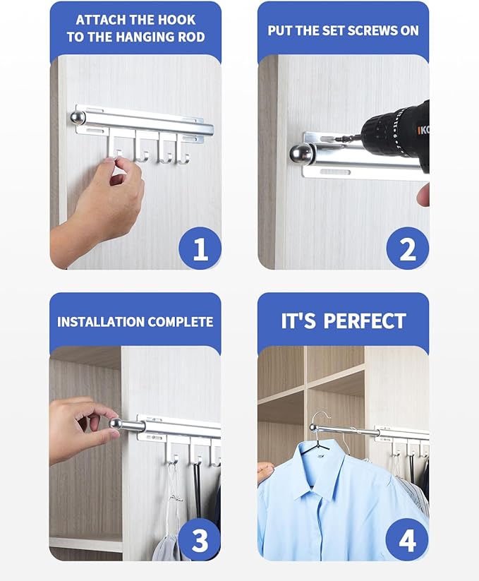 16.5 inch Valet Rod for Closets Pull Out Closet Valet Rod Slide Out Extra Long Silvery Valet Rods for Closets With 6 Hooks