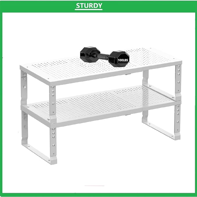 Metal Stackable Expandable Storage Shelf - Multi-Functional Home Storage Shelf, Suitable for Kitchen, Cabinet, Bathroom, Office, Garage, etc. (2 PACKS/White/Large)