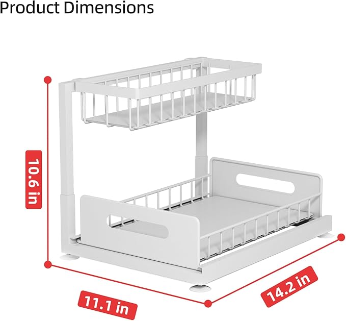 Lxmons 2-Tier Under Sink Slide Out Organizer, 2 Pack Pull Out Cabinet Storage Shelf with Sliding Wire Basket Drawer for Bathroom Kitchen, Countertop or Pantry Shelf, White