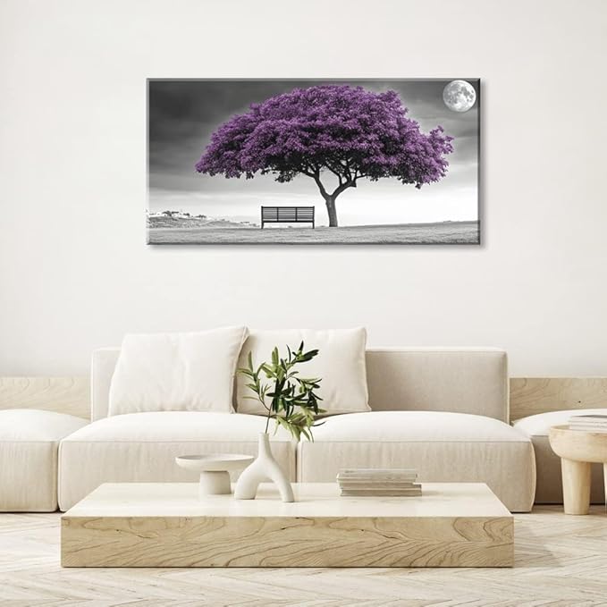 ZESTRILIA Country Purple Tree Wall Art for Living Room Office Violet Gray Moon Canvas Painting Prints Artwork Dining Bedroom Decor (30x16 Inches)