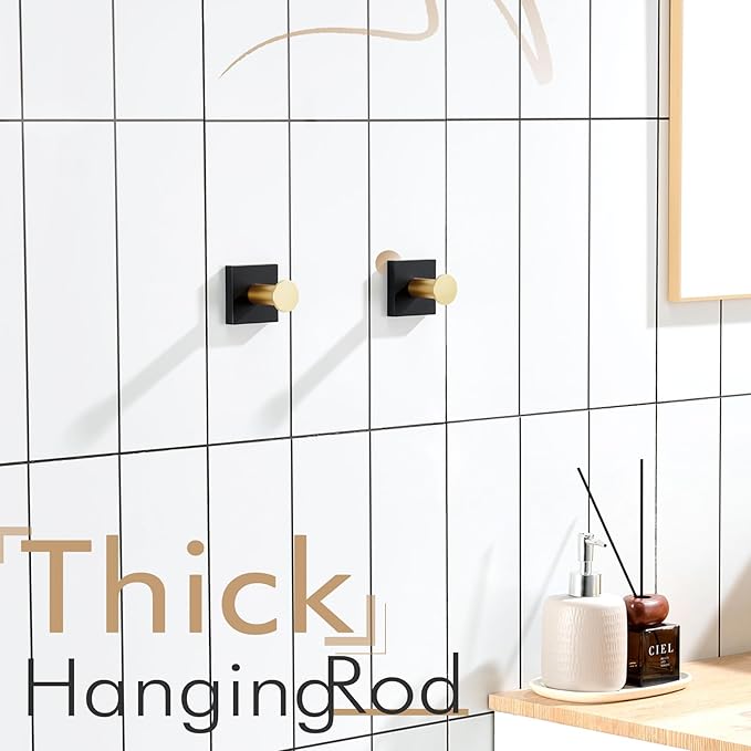 KOKOSIRI Robe Hooks Bath Towel Hooks for Wall Closet Kitchen Hanging Towels Bathroom Hardware Black with Gold Stainless Steel 2 Pack, B1016GDK-P2