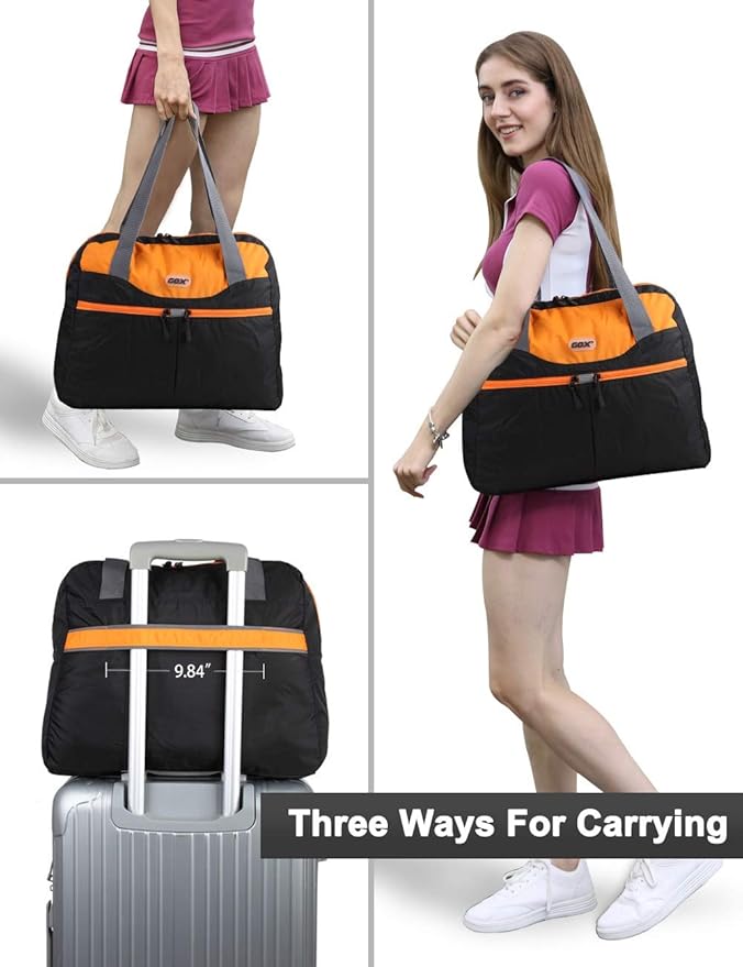 GOX Large Foldable Travel Duffel Bag Packable Tote Bag Carry on Luggage Weekender Overnight Bag Lightweight (Black&Orange)