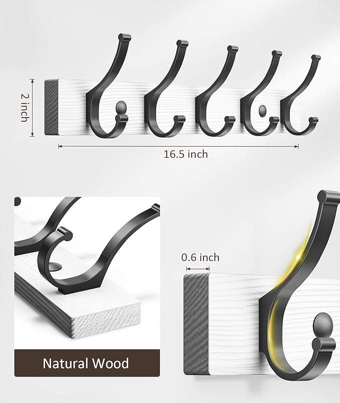 Coat Rack Wall Mount, 16.5 Inches Wood Coat Hooks Wall Mount, Wall Coat Rack with 5 Hooks, Hat Rack Wall Hooks for Hanging Coat, Bag, Towel (2Pack, White)