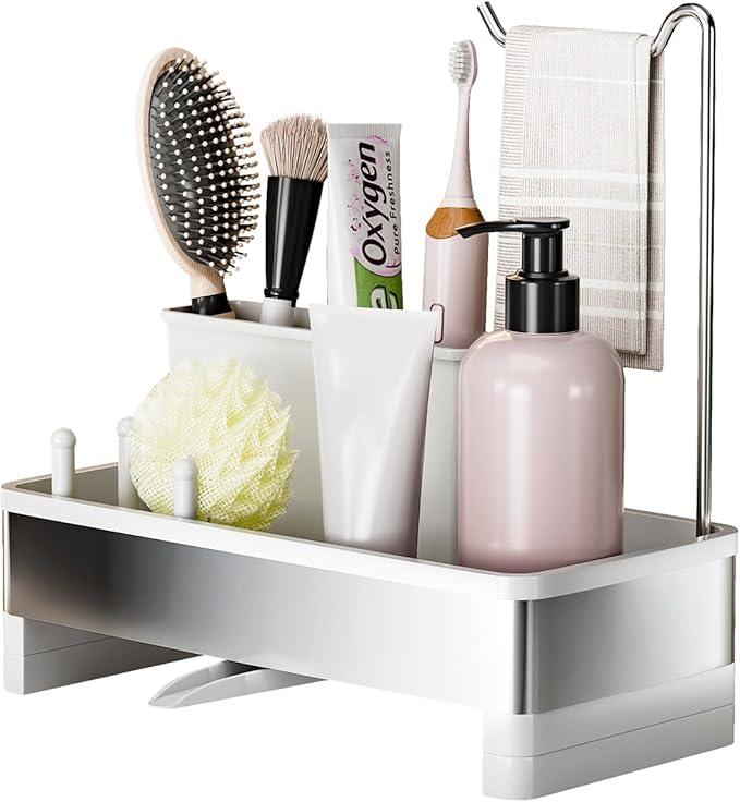 Stainless Steel Sink Caddy, Sponge Holder for Kitchen Sink with Brush Holder & Dishcloth Rack, Rustproof Sink Organizer Countertop, Kitchen Organizers Storage Essentials (E-White)
