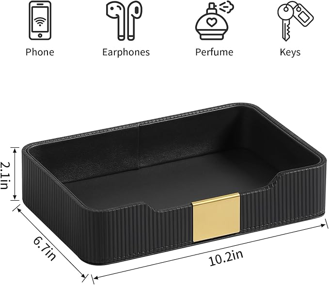 Valet Tray Desktop Storage Organizer, PU Leather Catchall Bedside Vanity Tray with Brass Accents Block Nightstand Organizer for Keys Watch Wallet Phone, Decorative Nightstand Storage (Black)