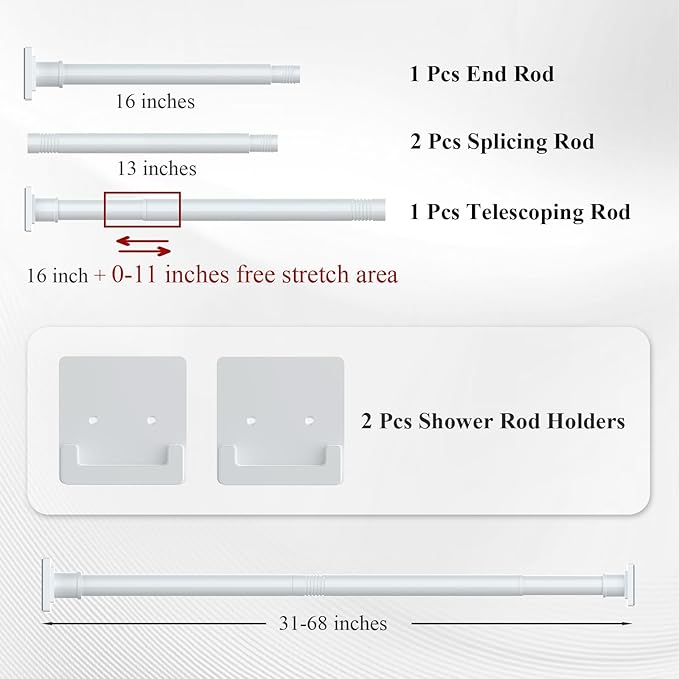 UIOSANRT White Shower Curtain Rod 31-68 inches with Holders, Stainless Steel Shower Rod & Tension Rod, Adjustable Tension Shower Curtain Rod for Bathroom, Windows, Closet