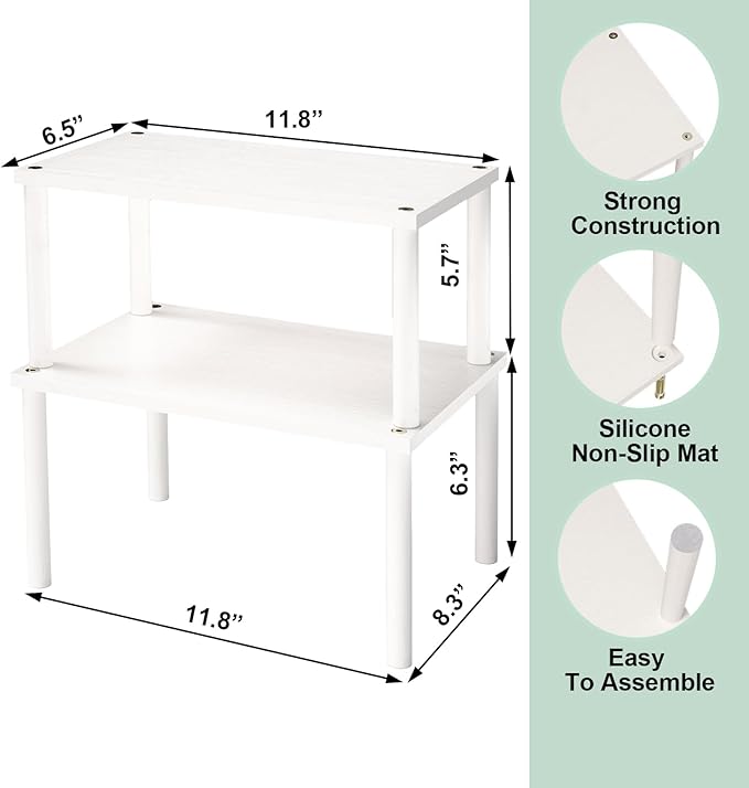 Cabinet Organizer Shelf (Set of 2), Kitchen Counter Shelves, Bamboo Spice Rack Countertop and Cabinet, Stackable Expandable, Medium (White)