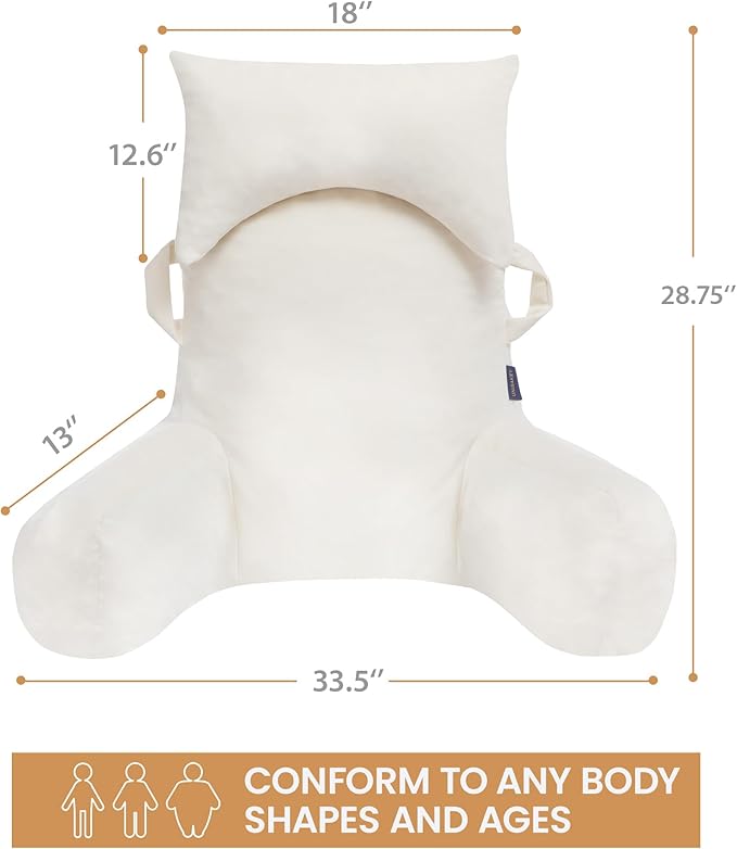 Portable Reading Pillows with Headrest for Bed Sitting Up(Beige Oeko-Tex), Velvet Back Pillow with Arms & Pockets for Adults, Support Memory Foam Bed Pillow for Dorm/Reading/Watching/Gaming