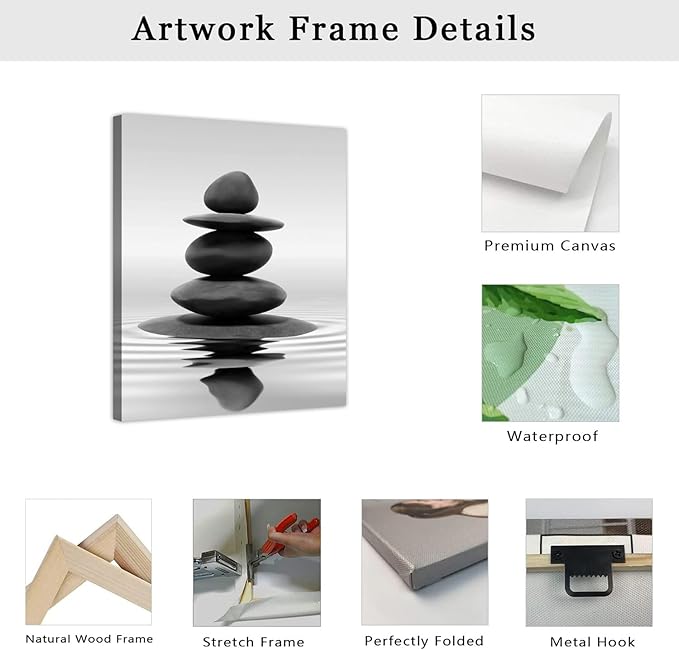 LZIMU Black and White Zen Wall Art Stones in Water Pictures Print on Canvas for Bathroom Yoga Meditation Spa Room Living Room Bedroom Wall Decorations Framed (Zen-1, 20"x30" (50x75cm))