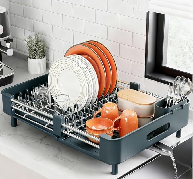 Stainless Steel Dish Drying Rack - Dish Drainer for Kitchen Counter, Extendable Drainboard with Foldable, Space-Saving Cup & Bowl Organizer, Includes Knife and Utensil Holder, Matte-Green