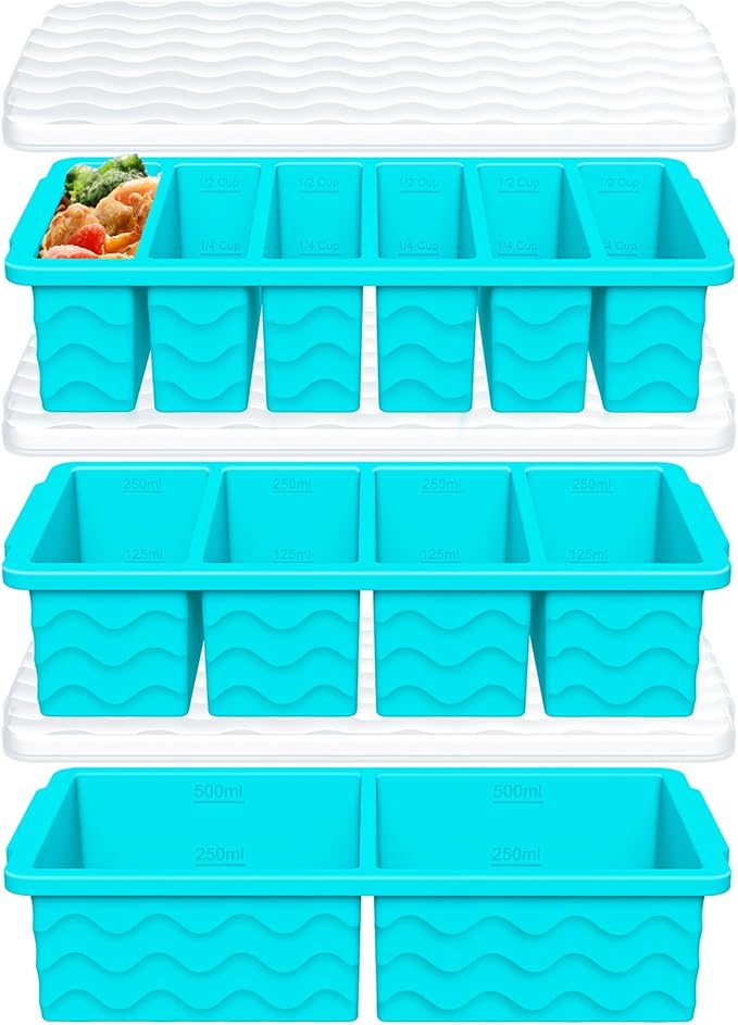 3-Pack Silicone Freezer Trays with Lid,2 Large 2-Cup(500ml)&4 Medium 1-Cup(125ml)&6 Small 1/2-Cup(75ml) Soup Freezer Container Molds,Ice Cube Tray For Meal Prep&Freezing Soup,Stews,Sauces
