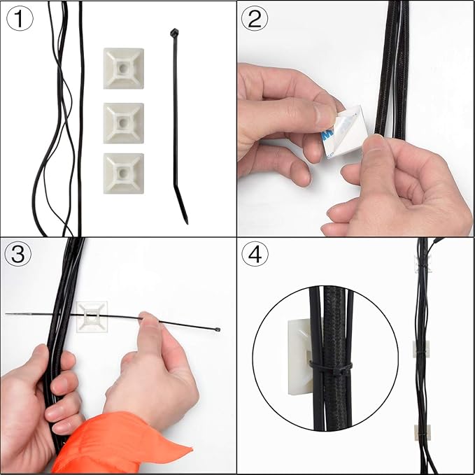 XHF 200 PCS 1/2" Black Self Adhesive Cable Zip Tie Mounts Wire Cable Clips Holders Management Anchors Organizer Holders Squares(HS-100)