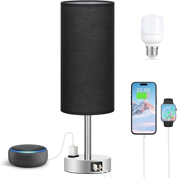 Black Bedroom Table Lamp for Bedside - 3 Way Dimmable Touch Lamp USB C A Charging Ports and AC Outlet, Small Desk Lamp for Nightstand for Living Room with Silver Base, Office Desk, LED Bulb Included