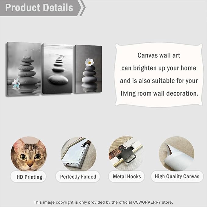 CCWORKERRY 3PCS Zen Stones Canvas Wall Art Black and White Zen Stone Painting Calming Meditation Wall Decor for Yoga Studio Office Spa Bathroom (gray,11W x14L x3)