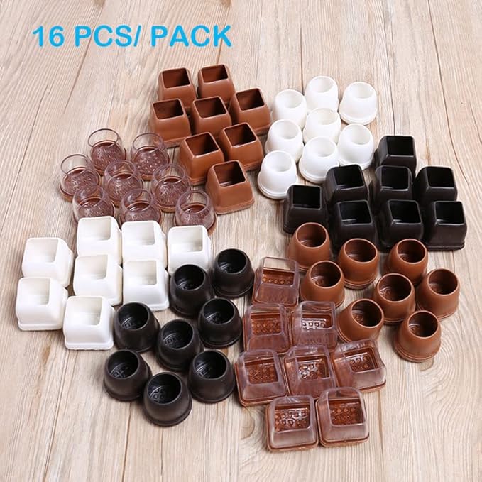16 Pack Chair Leg Floor Protectors for Hardwood Floors, Round Rubber Furniture Sliders, 360°Felt Pad Bottom Wrapped Thickening Silicone Furniture Legs Caps Covers(Round,Clear-Brown-XL)