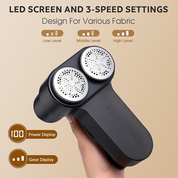 Dual Motors Rechargeable Fabric Shaver, 3-Speed Lint Remover for Clothes, Sweatshirts & Furniture, Couch, Eliminates Fuzz & Pilling, Electric Lint Shaver with LED Display & Type-C Fast Charging Port - Black
