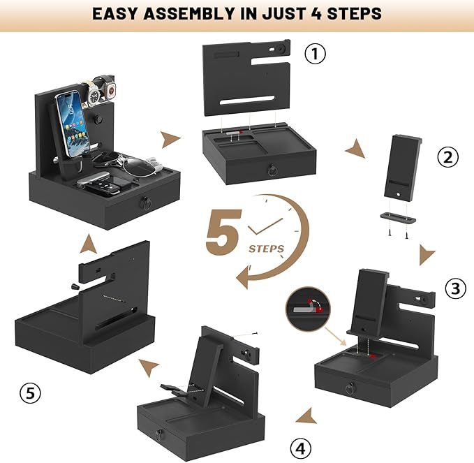 Wood Phone Docking Station, Nightstand Organizer with Drawer, Bedside Table Organizer for Watch & Accessories, Christmas Anniversary Birthday Gifts for Men,Dad,Husband