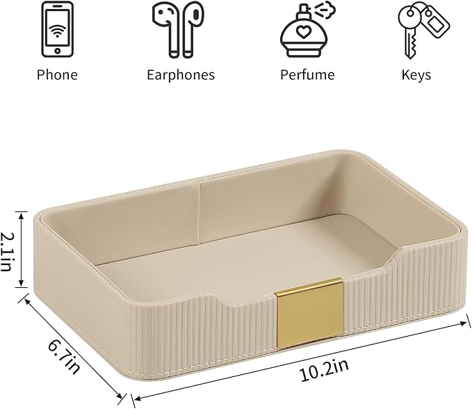 Valet Tray Desktop Storage Organizer, PU Leather Catchall Bedside Vanity Tray with Brass Accents Block Nightstand Organizer for Keys Watch Wallet Phone, Decorative Nightstand Storage (Beige)