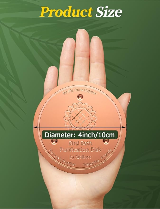 Mellbree 2-Pack Bird Bath Copper Disk, 0.6mm Reinforced 99.99% Pure Copper Cleaning Disk with Triple-Point Support for Physical Safe Clean Water, Universal Fit for Outdoor Birdbath, Bowl (Sunflower)