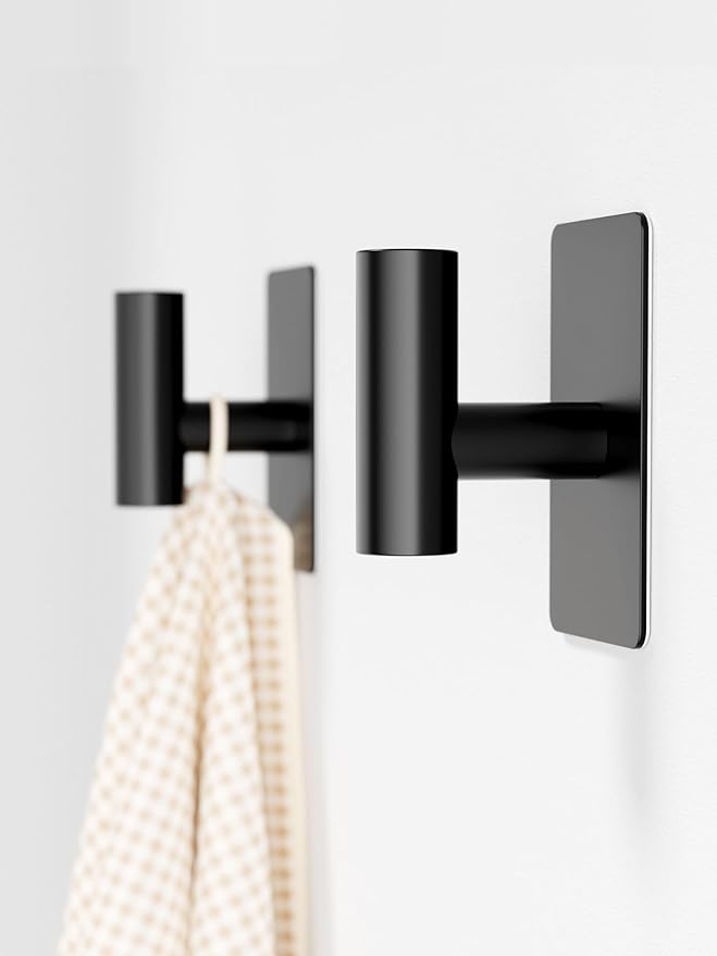 GWAAZXGZ Towel Hooks for Bathrooms – 2 Pack, Matte Black Finish, T-Shaped Stainless Steel Adhesive Wall Hooks for Robes & Towels in Kitchen, Shower, or Closet