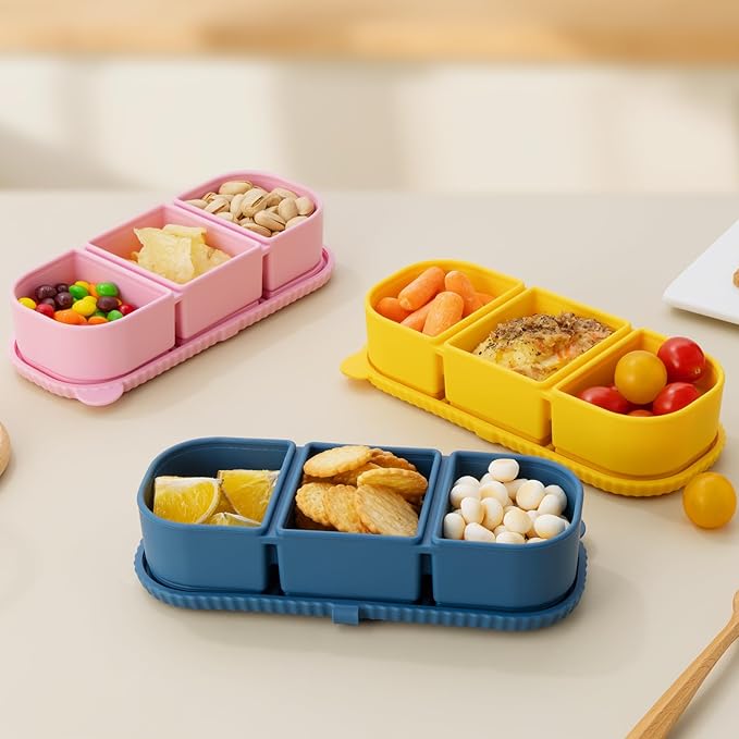 3 Pack Silicone Reusable Snack Containers with Lids - 3 Compartment Snackle Box for Kids & Adults, BPA-Free & Leakproof, Small for Dressing, Sauces, School, Office, Picnic (Blue, yellow, pink)