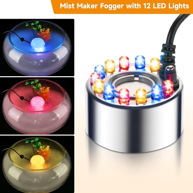 Halloween Mist Maker, Water Fountain Pond Mini Fog Machine Atomizer Air Humidifier, Ultrasonic Mist Maker Fogger Indoor Fountain, Mister Fogger with 12 LED Light and Waterproof Splash Guard