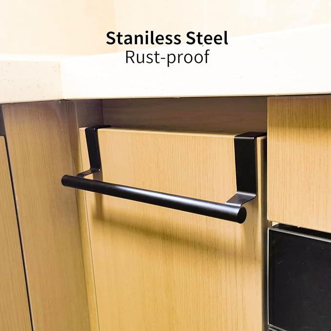 Qflushor Cabinet Door Towel Holder, Over Cabinet Towel Bar, Stainless Steel Dish Towel Holder for Cabinet Door Kicthen Towel Rack, Matte Black 2 Pack