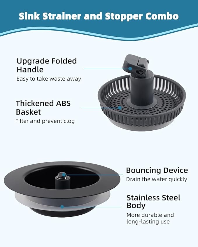 Universal 3 in 1 Kitchen Sink Drain Strainer Stopper Combo, Black Stainless Steel Shell Pop Up Sink Stopper for US Standard 3-1/2 inch Drain Filter, Anti-clog and Easy Clean, Matteblack