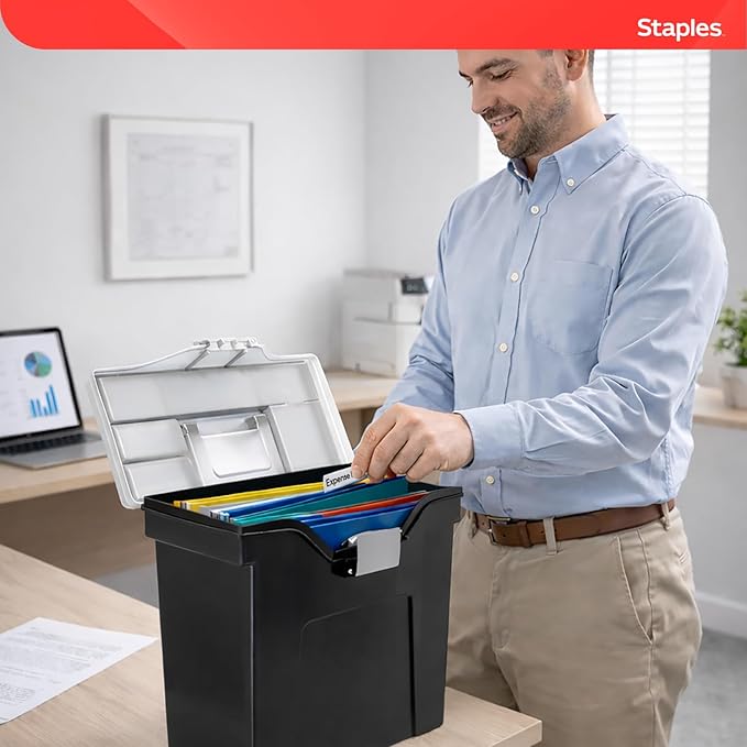 STAPLES File Box - Portable Storage Organizer, Letter Size, Black with Lift-Off Lid & Easy-Grip Handle