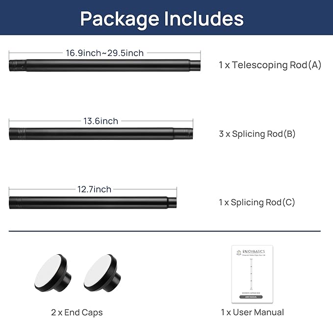ENJOYBASICS Matte Black Shower Curtain Rod 30 to 76 Inches, 1 Inch Stainless Steel Adjustable Spring Tension Rods No Drill for Bathroom, Closet, Window, Room Divider, Never Rust, Non Slip