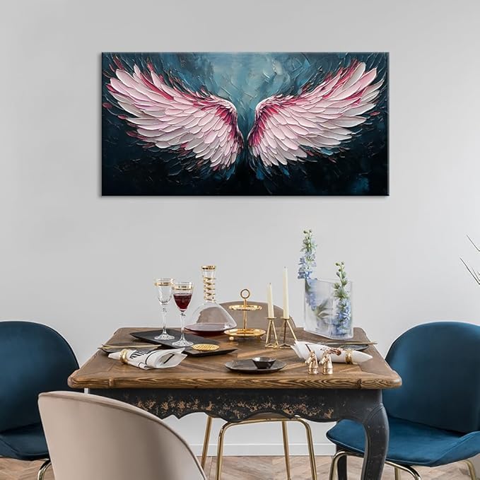 ZESTRILIA Angel Wings Wall Art for Girls Room Pink Navy Blue Canvas Oil Painting Prints Modern Abstract Fantasy Anime Artwork Living Bedroom Office Decor (30x16 Inches)