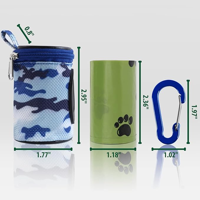FURHAB Dog Poop Bag Holder for Leash Doggie Waste Bag Dispenser Puppy Potty Carrier Small Doggy Zipper Pouch with Carabiner Clip 1680D Nylon Oxford with 1 Roll of Pet Trash Bags, Sky Blue Camo