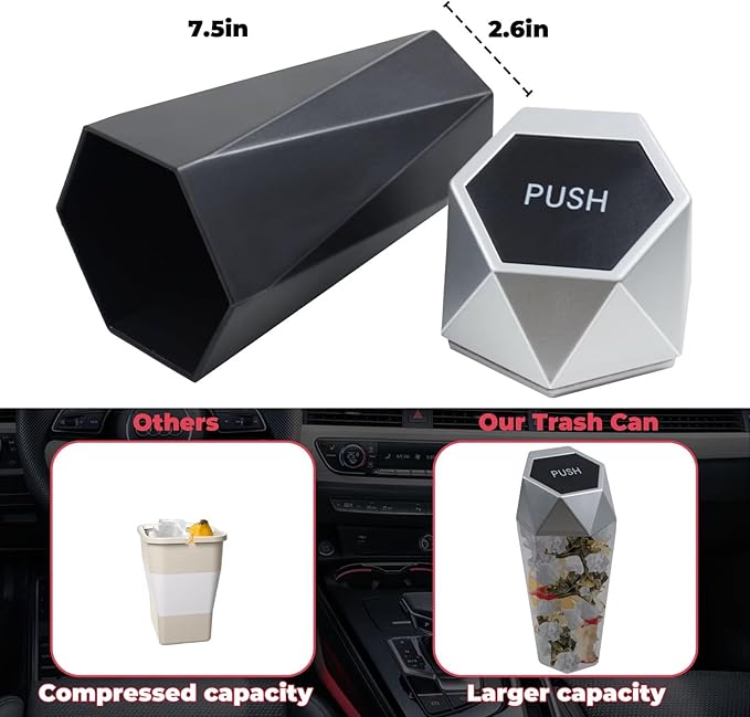 Car Trash Can, 2 Pack Car Trash Bin with Lid, Car Accessories for Women Interior, Car Garbage Can with Additional 2 ABS Hooks and 60pcs Trash Bags, Suitable for Home, Office, Car Organizer, Black