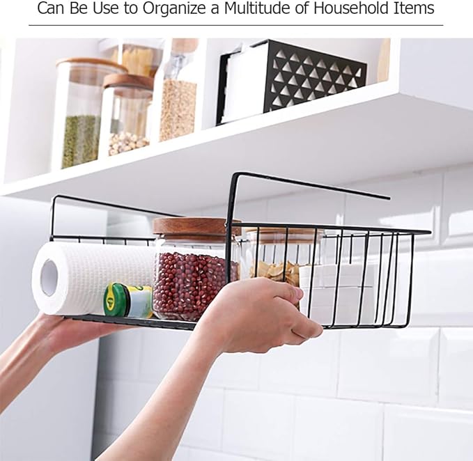 Dveda 4 Pack Under Shelf Basket, Under Cabinet Organizer Shelf, Durable Metal Wire Rack Hanging Basket Storage Rack, Shelf Organizing for Kitchen/Pantry/Bathroom/Desk-Slide Arms Height:1.45in(Black)