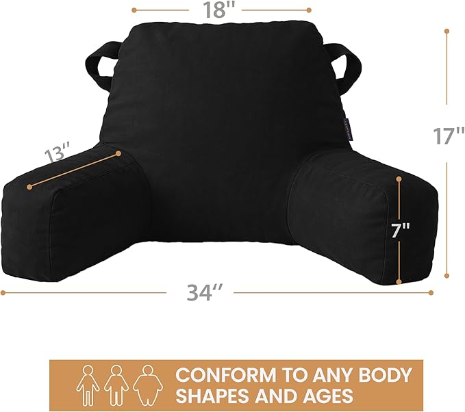 Portable Comfy Reading Pillows for Bed Sitting Up(Black Oeko-Tex), Velvet Back Pillow with Arms & Pockets for Adults, Support Memory Foam Bed Pillow for Dorm/Reading/Watching/Gaming