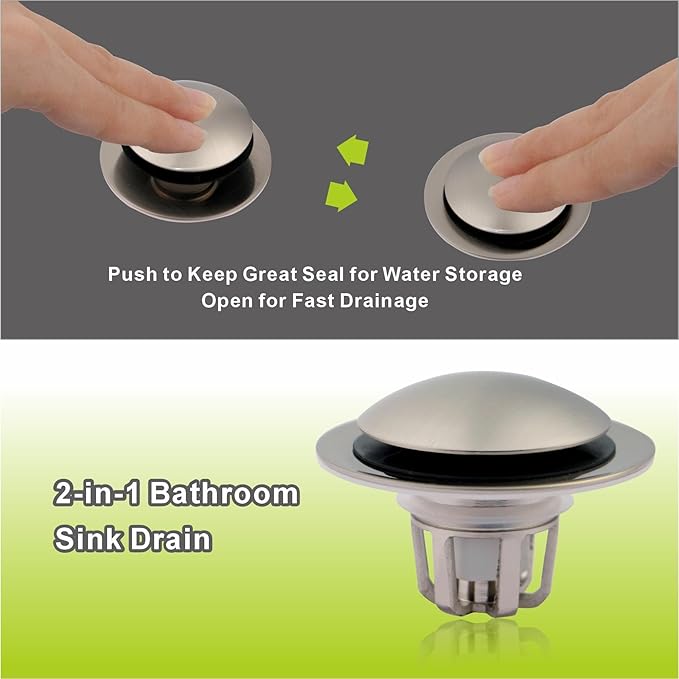 Bathroom Sink Drain Stopper,Pop Up Sink Stopper Universal 2-in-1 Design with Hair Catcher, Bathroom Sink Stopper and Anti-Clog Strainer for 1 1/8"-1 1/2" Drain Holes,Brushed Nickel,1 Pack