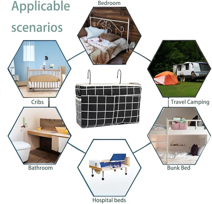 Bedside Caddy Bedside Hanging Storage Basket Multi-Function Organizer Caddy for Bunk and Hospital Beds Dorm Rooms Bed Rails, Can be Placed Glasses Books Mobile Phones(Black Grid)