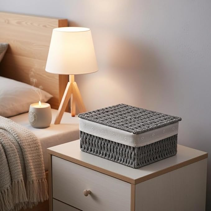 3PCS Wicker Basket with Lid Paper Rope Storage Baskets for Shelf Baskets Storage Bins with Lid and Removable Liner Makeup Bathroom Closet Drawer Desk Organizer Shelf Baskets (Grey)