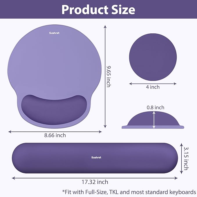 Mouse Pad and Keyboard Wrist Rest, 3-in-1 Gel Memory Foam Ergonomic Mouse Pad with Wrist Rest Set, Gaming Mousepad Arm Cushion Support for Computer Office Desk Accessories Cute Setup, Purple